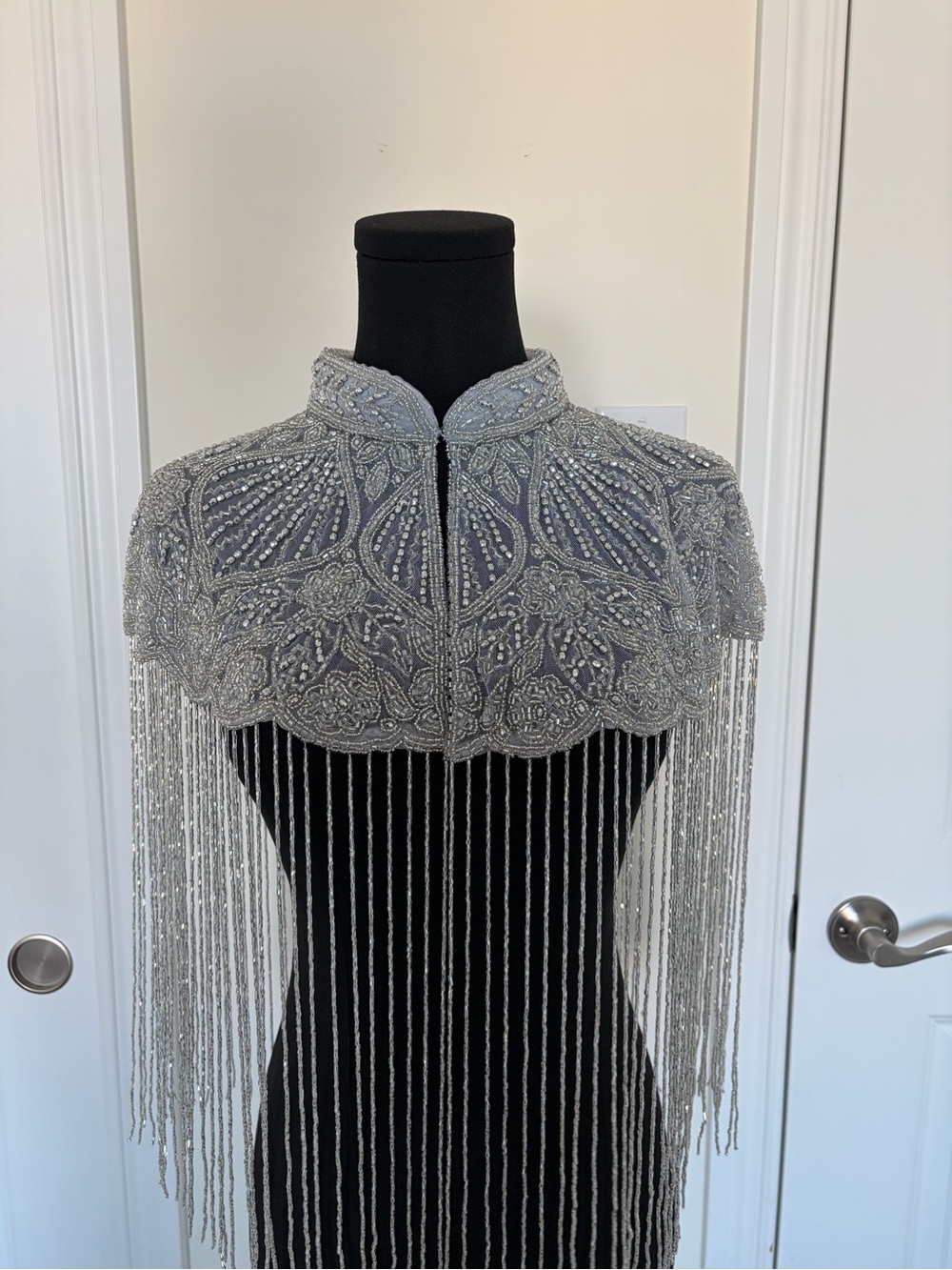 Handmade Silver Grey Beaded Fringe Capelet Art Deco Evening Wrap | One Size